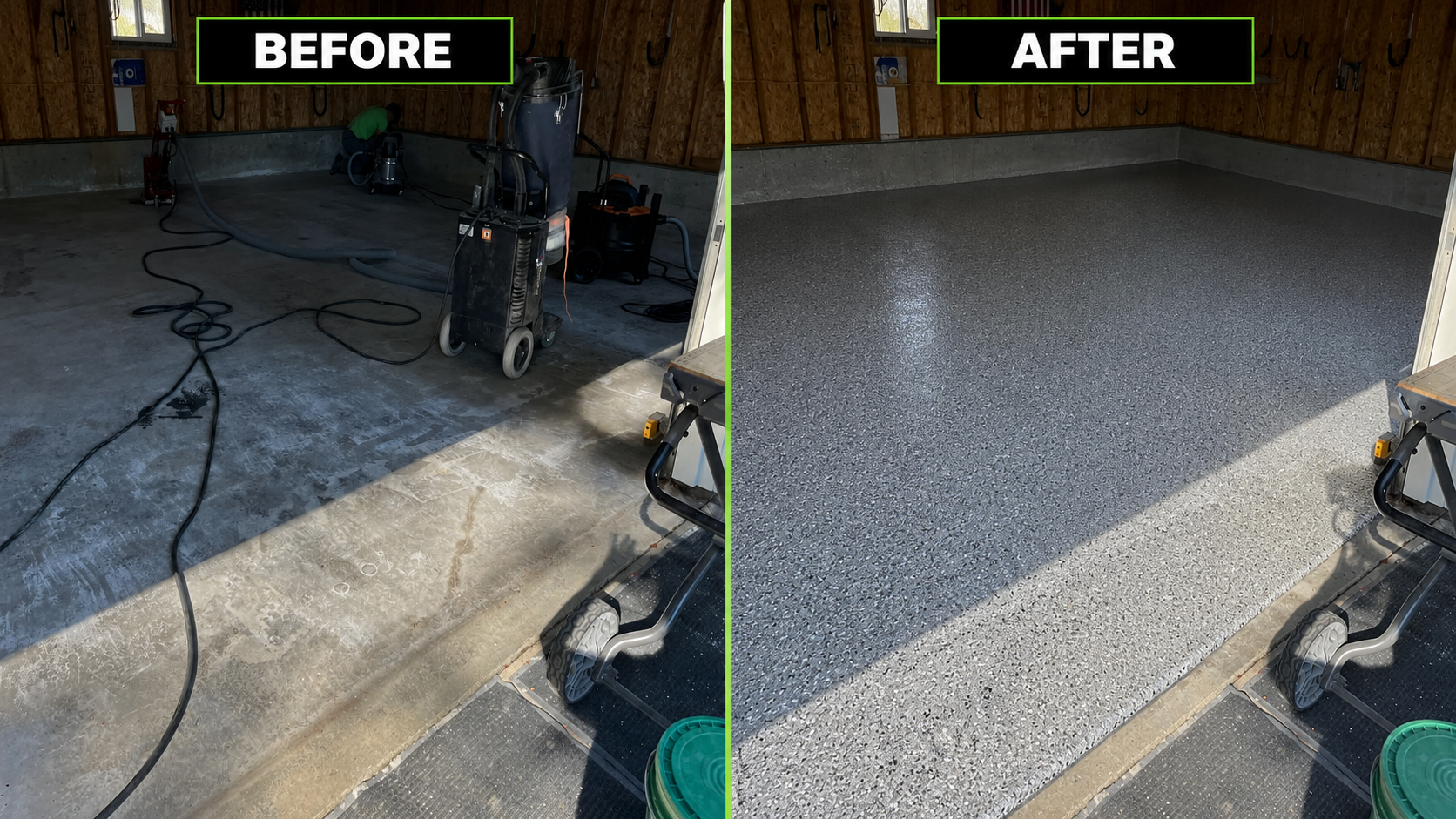Before and after: detached 3-car garage floor coating