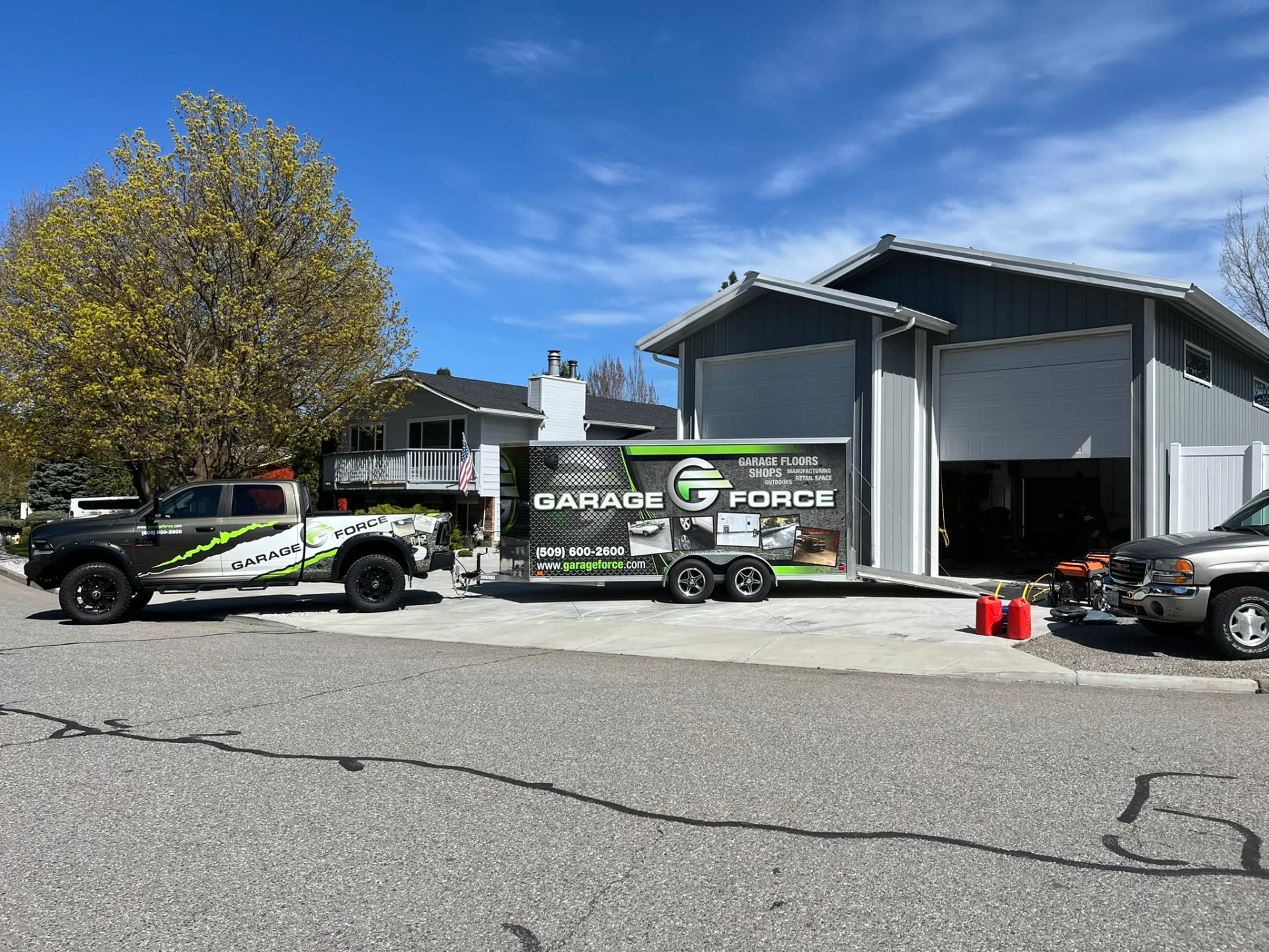 Garage Force truck and trailer at a Spokane home