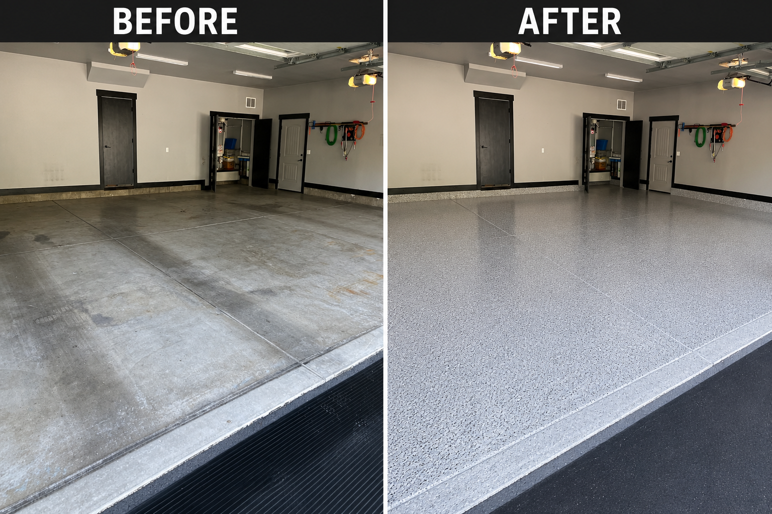 Before and after: 3-car garage with full-chip custom blend coating